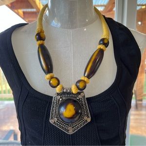 bakelite handmade boho statement necklace in mustard yellow and brown